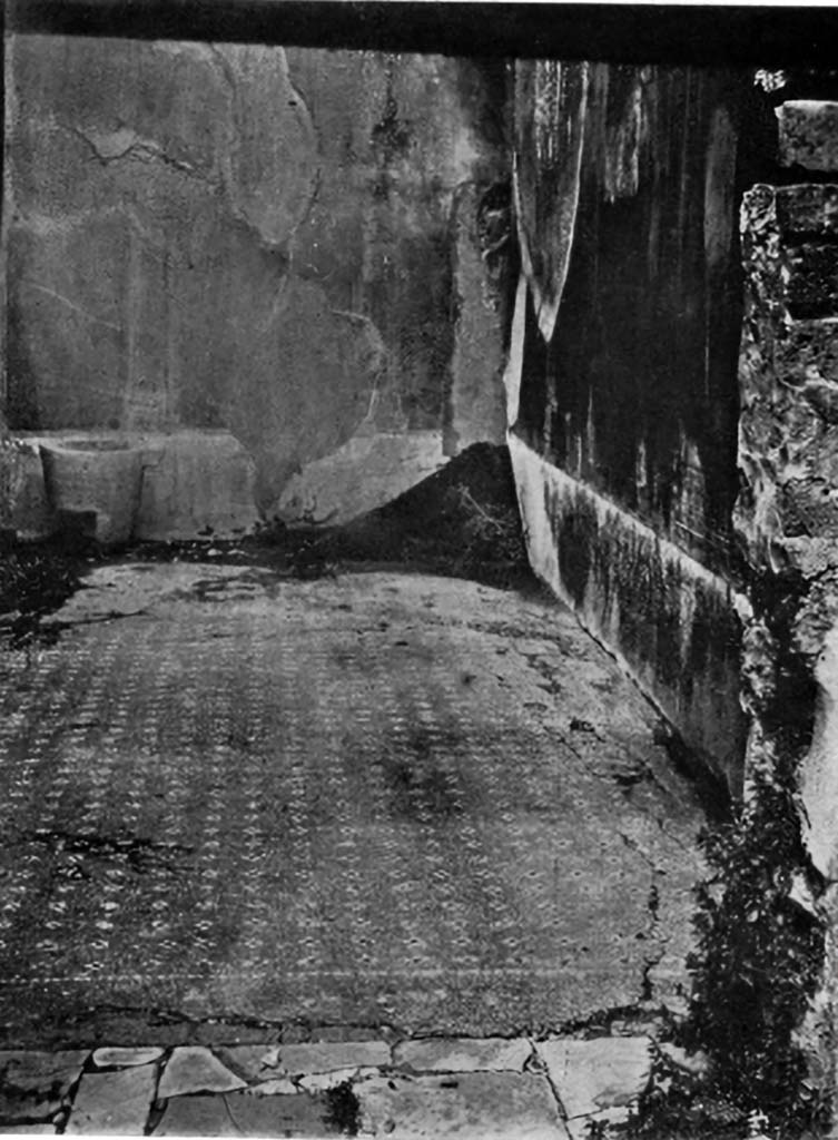VI.9.2 Pompeii. c.1930. Room 28, looking north across flooring of cocciopesto inserted with small crosses.
See Blake, M., (1930). The pavements of the Roman Buildings of the Republic and Early Empire. Rome, MAAR, 8, (p.28 & Pl.4, tav.4).