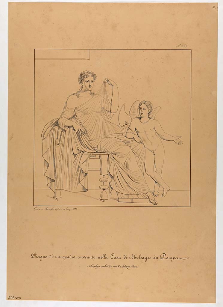 VI.9.2 Pompeii. Drawing by Giuseppe Marsigli, dated 1831 of female figure and cupid from room 28.
Now in Naples Archaeological Museum. Inventory number ADS 320.
Photo © ICCD. http://www.catalogo.beniculturali.it
Utilizzabili alle condizioni della licenza Attribuzione - Non commerciale - Condividi allo stesso modo 2.5 Italia (CC BY-NC-SA 2.5 IT)
