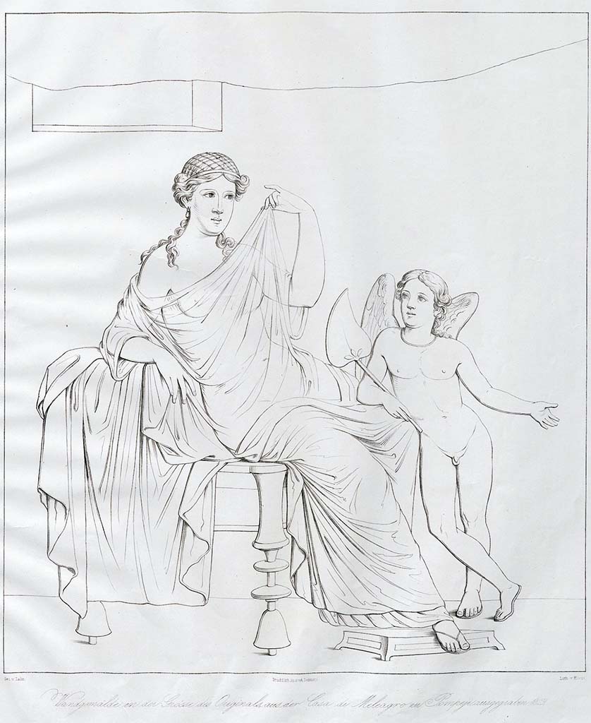 VI.9.2 Pompeii. Pre-June 1854. Drawing by Zahn of female figure, possibly Helen, and cupid from room 28.
See Zahn, W., 1852-59. Die schönsten Ornamente und merkwürdigsten Gemälde aus Pompeji, Herkulanum und Stabiae: III. Berlin: Reimer, taf. 58.