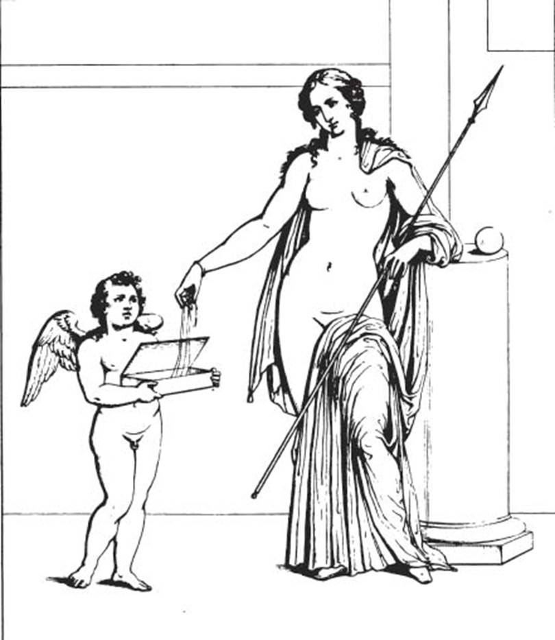 VI.9.2 Pompeii. Peristyle 16, north wall. Painting of Venus and Eros. According to Overbeck, the first picture from east end was of Venus and Eros. Helbig 303. According to Schefold this picture was on the south wall. See Overbeck J., 1884. Pompeji in seinen Gebäuden, Alterthümen und Kunstwerken. Leipzig: Engelmann. p. 311. See Schefold, K., 1957. Die Wände Pompejis. Berlin: De Gruyter. p. 112. See Helbig, W., 1868. Wandgemälde der vom Vesuv verschütteten Städte Campaniens. Leipzig: Breitkopf und Härtel. (303). See Real Museo Borbonico, VIII, 1832, Tav. VI.