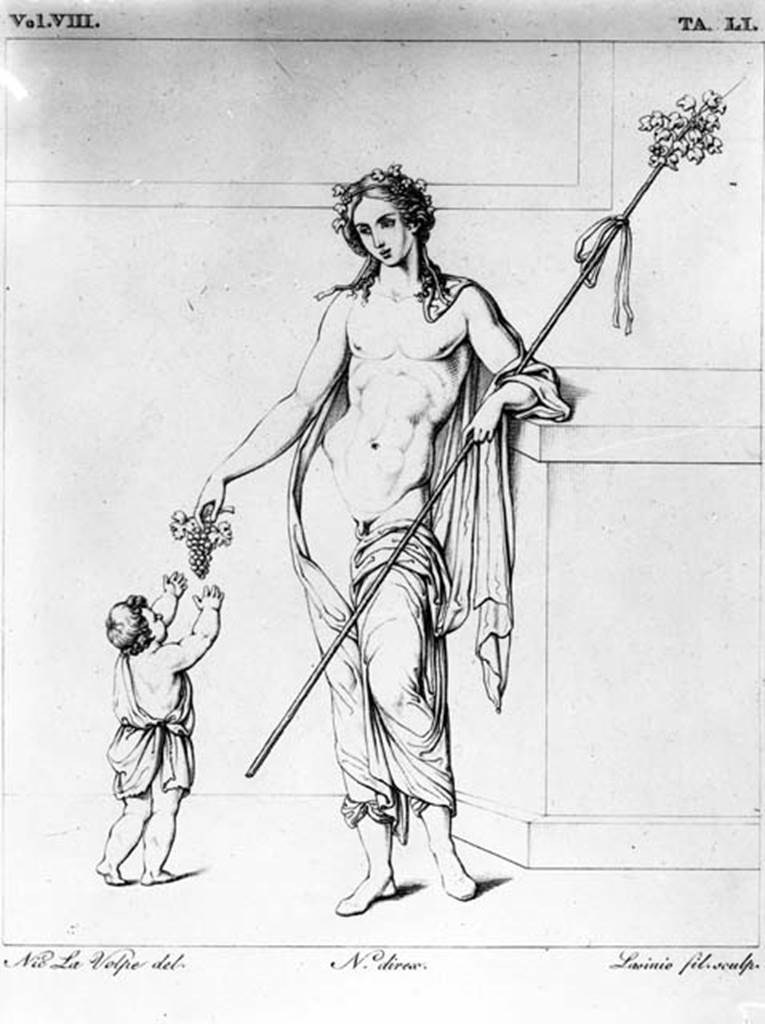 231410 Bestand-D-DAI-ROM-W.142.jpg
VI.9.2 Pompeii. W.142. Peristyle 16, Peristyle 16, north wall, first painting from east end, drawing of Dionysus and youth. See Real Museo Borbonico, VIII, 1832, Tav. LI.
See Helbig, W., 1868. Wandgemälde der vom Vesuv verschütteten Städte Campaniens. Leipzig: Breitkopf und Härtel. (401).
Photo by Tatiana Warscher. With kind permission of DAI Rome, whose copyright it remains.
See http://arachne.uni-koeln.de/item/marbilderbestand/231410