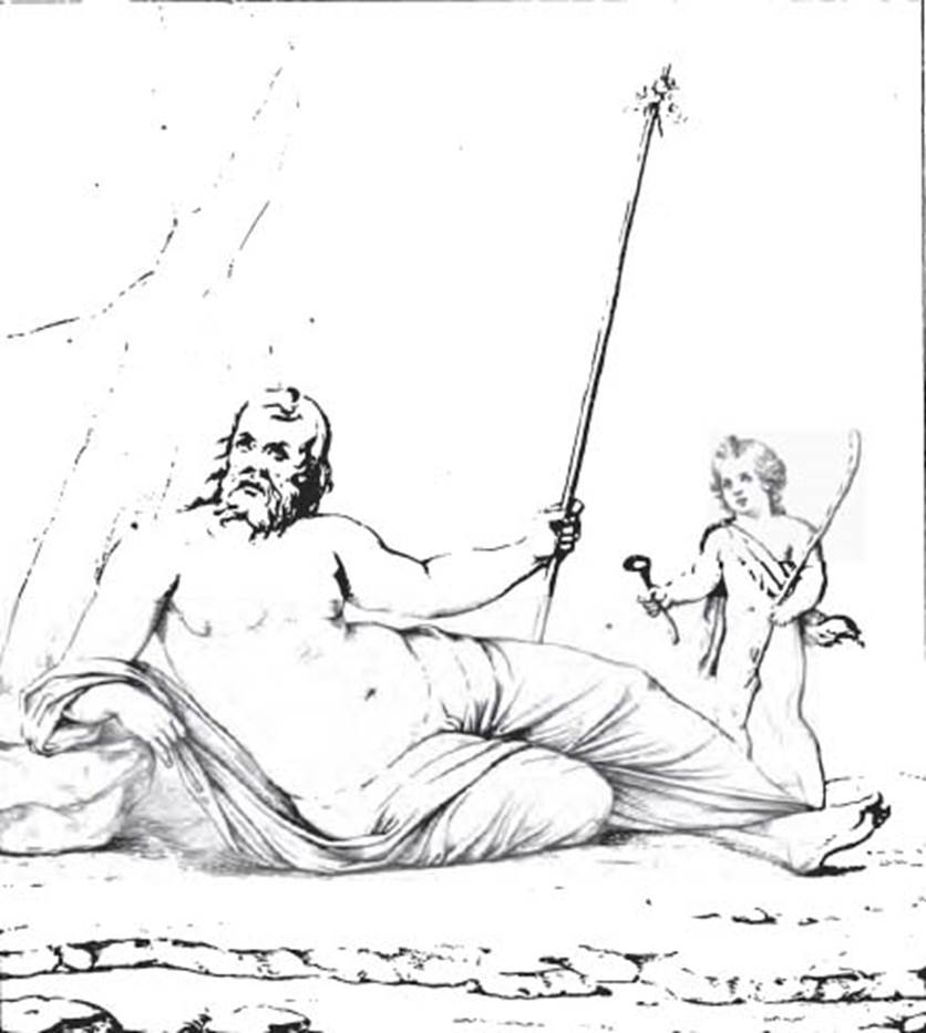 VI.9.2 Pompeii. Drawing of painting of Silenus and young satyr, the second painting from the east end of the north wall. See Real Museo Borbonico XII, 1839, Tav. XXXV.
See Helbig, W., 1868. Wandgemälde der vom Vesuv verschütteten Städte Campaniens. Leipzig: Breitkopf und Härtel. (419).