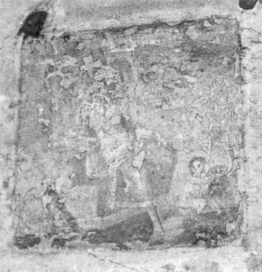 VI.9.2 Pompeii. W.578, detail from north wall of peristyle 16, the fourth picture from east end.
According to Warscher this was a painting of Apollo.
Schefold showed it as Helbig 205.
Helbig described the painting as:
Apollo sits on a stone seat, against which his bow and quiver lean.
His right arm is propped up, his left arm lays on his thigh.
He is looking thoughtfully ahead.
In front of him a cupid is crouched, playing the god’s cithara.
See Helbig, W., 1868. Wandgemälde der vom Vesuv verschütteten Städte Campaniens. Leipzig: Breitkopf und Härtel. (205).
See Schefold, K., 1957. Die Wände Pompejis. Berlin: De Gruyter. p. 112.
Photo by Tatiana Warscher. Photo © Deutsches Archäologisches Institut, Abteilung Rom, Arkiv.