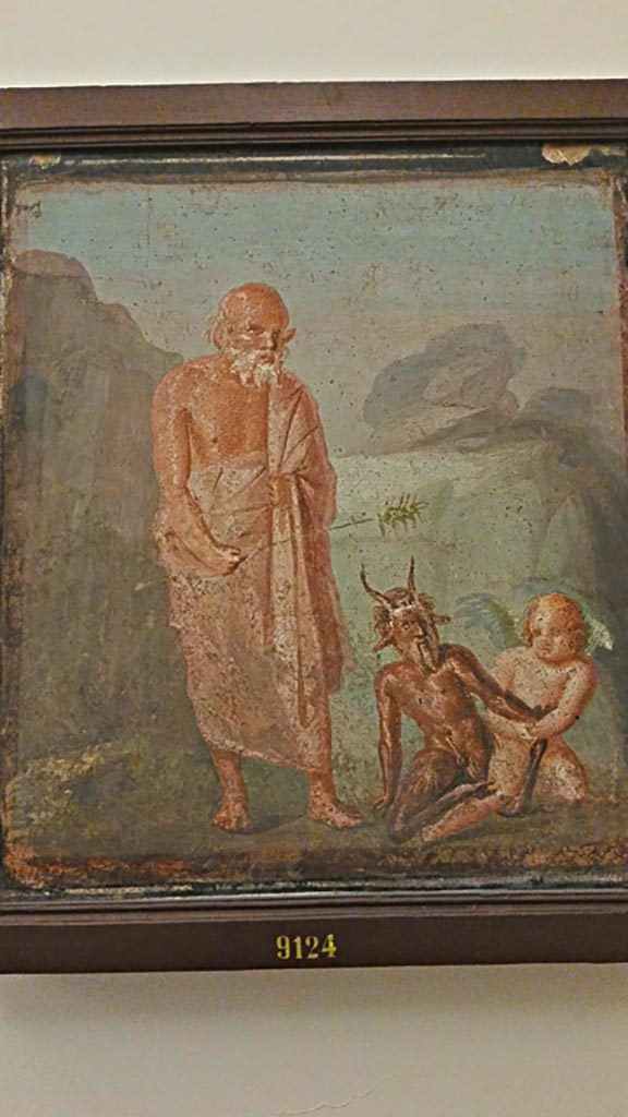 VI.9.2 Pompeii.
Wall painting of the fight between Pan and Eros in the presence of Silenus.
Now in Naples Archaeological Museum. Inventory number 9124.
Photo courtesy of Giuseppe Ciaramella, November 2018.