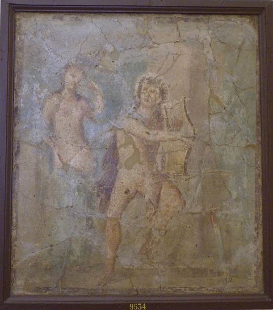 VI.9.2 Pompeii. Found 1st September 1830. Peristyle 16, west wall. Wall painting of Apollo playing the lyre next to a woman, possibly Daphne. Now in Naples Archaeological Museum. Inventory number 9534. See Helbig, W., 1868. Wandgemälde der vom Vesuv verschütteten Städte Campaniens. Leipzig: Breitkopf und Härtel. (214).