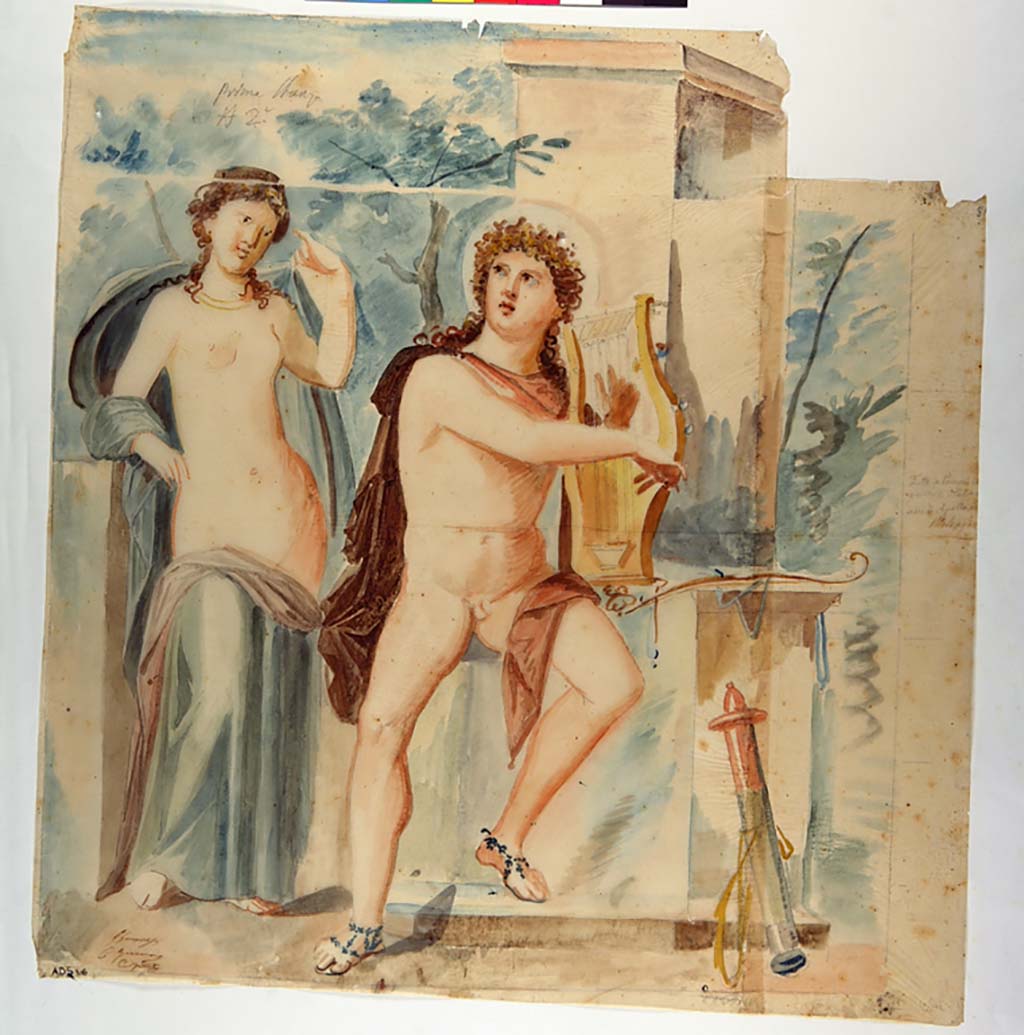 VI.9.2 Pompeii. Painting by Giuseppe Marsigli, 17th October 1831, Apollo and female figure from the peristyle.
Now in Naples Archaeological Museum. Inventory number ADS 316.
Photo © ICCD. http://www.catalogo.beniculturali.it
Utilizzabili alle condizioni della licenza Attribuzione - Non commerciale - Condividi allo stesso modo 2.5 Italia (CC BY-NC-SA 2.5 IT)