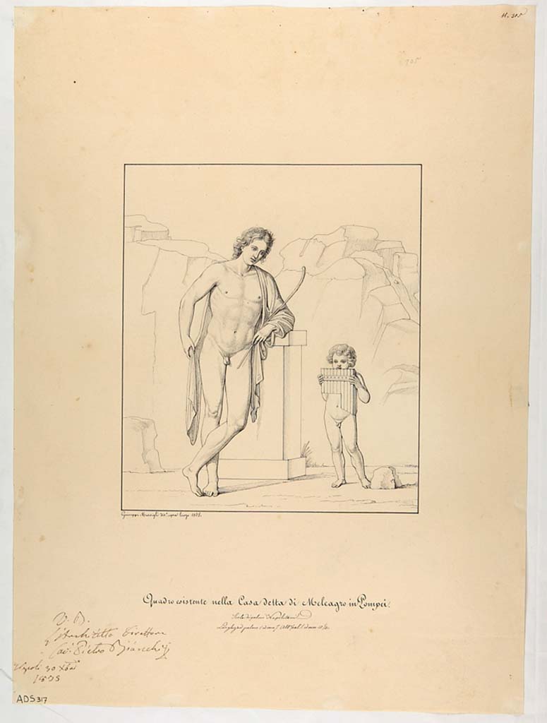 VI.9.2 Pompeii. Drawing by Giuseppe Marsigli, 1835, of Satyr and young boy from wall of peristyle. (Helbig 441)
Now in Naples Archaeological Museum. Inventory number ADS 317.
Photo © ICCD. http://www.catalogo.beniculturali.it
Utilizzabili alle condizioni della licenza Attribuzione - Non commerciale - Condividi allo stesso modo 2.5 Italia (CC BY-NC-SA 2.5 IT)