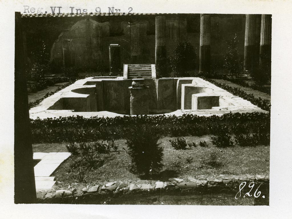 VI.9.2 Pompeii. Pre-1937-39. Peristyle garden 17, looking west across pool 18 and fountain 19.
Photo courtesy of American Academy in Rome, Photographic Archive. Warsher collection no. 826.
