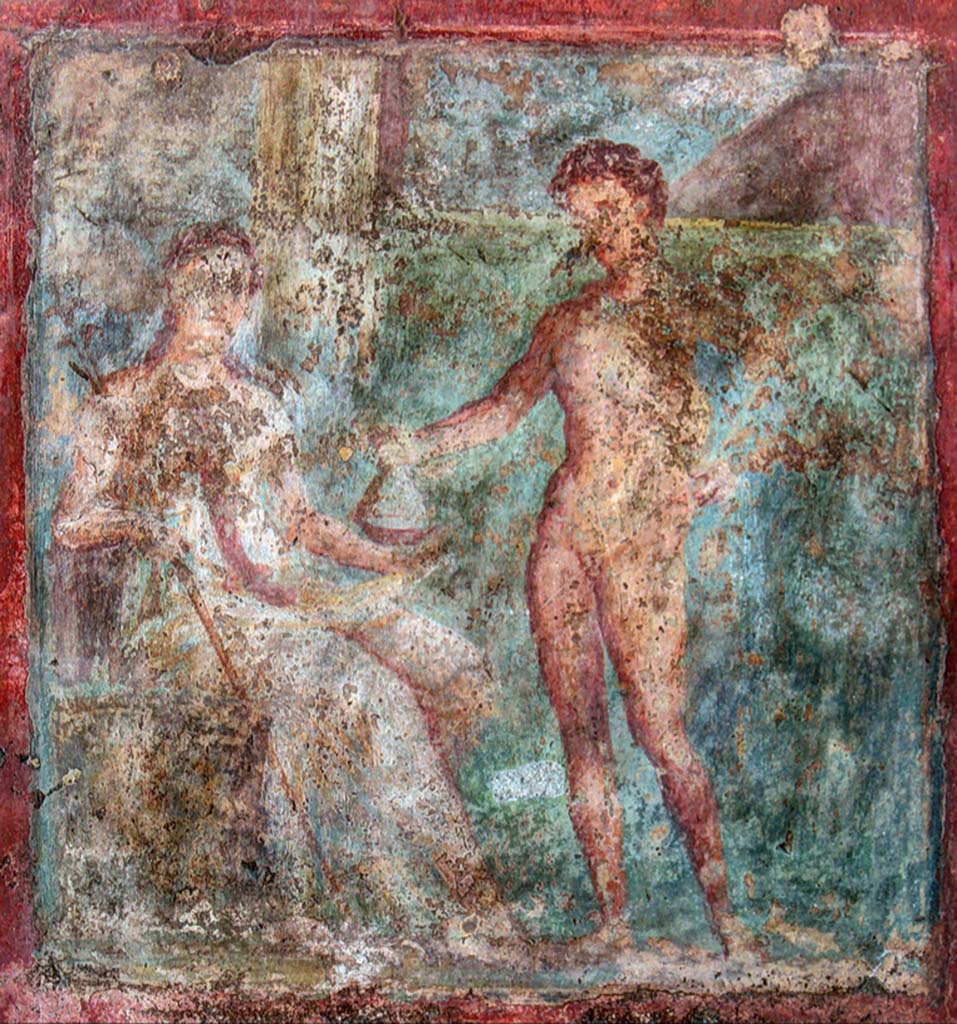 VI.9.2 Pompeii. August 2012. South wall of entrance corridor/fauces, detail of painting of Demeter and Hermes.
Photo courtesy of Davide Peluso.

