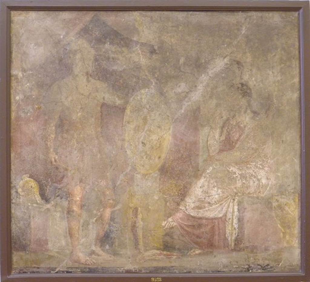 VI.9.2 Pompeii. Found 22nd September 1829. Room 2, atrium. Wall painting of Hephaestus showing Thetis the weapons he has made for Achilles. Now in Naples Archaeological Museum. Inventory number 9528. See Helbig, W., 1868. Wandgemälde der vom Vesuv verschütteten Städte Campaniens. Leipzig: Breitkopf und Härtel. (1317).