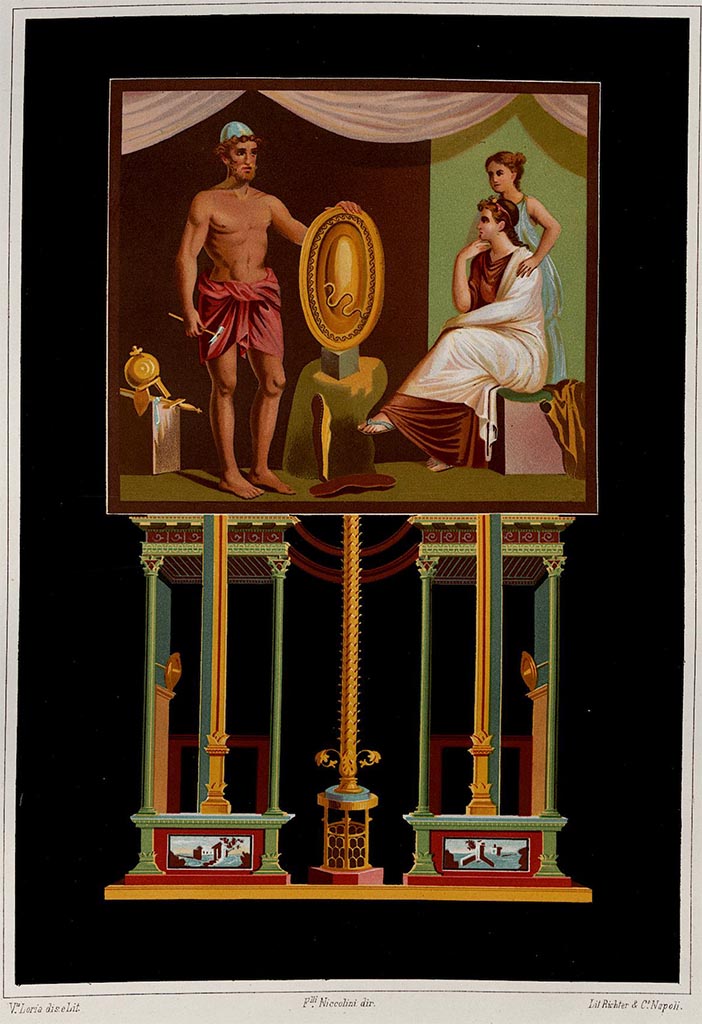 VI.9.2 Pompeii.
Room 2, atrium, wall painting of Hephaestus showing Thetis the weapons he has made for Achilles.
Found 22nd September 1829.
Now in Naples Archaeological Museum. Inventory number 9528.
See Niccolini, F., 1896. Le Case ed i Monumenti di Pompei: Book 4, (Supplemento Tav. I)