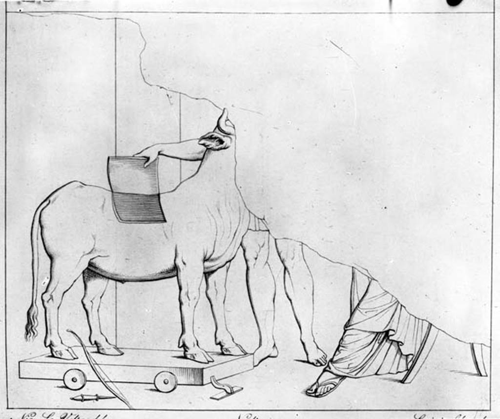 230960 Bestand-D-DAI-ROM-W.131.jpg
VI.9.2 Pompeii. W.131. Drawing of fragment of wall painting from east end of south wall of atrium, Daedalus and Pasiphae. See Real Museo Borbonico, VII, taf 40. See Helbig, W., 1868. Wandgemälde der vom Vesuv verschütteten Städte Campaniens. Leipzig: Breitkopf und Härtel. (1208)
Photo by Tatiana Warscher. With kind permission of DAI Rome, whose copyright it remains.
See http://arachne.uni-koeln.de/item/marbilderbestand/230960