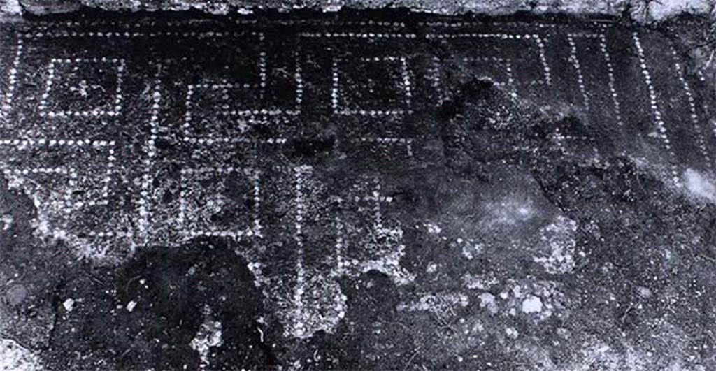 VI.9.2 Pompeii. Floor of room 13, cubiculum on south side of atrium.
According to PPM, the floor was of cocciopesto with a decoration outlined with white tesserae which showed a “net” design of meanders and swastikas alternating with squares with small crosses in the centres.