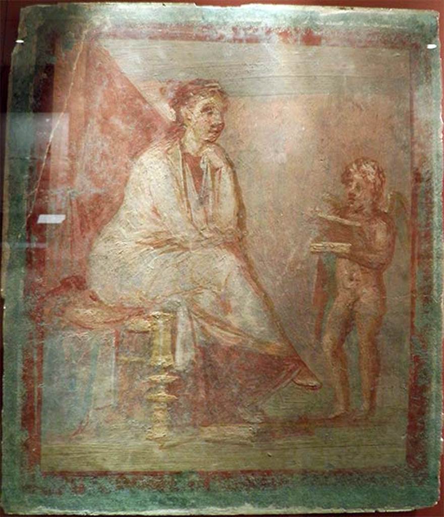 VI.9.2 Pompeii. Wall painting of Cupid revealing the contents of a gilded box to a seated woman, found in room 13.
Now in the Ashmolean Museum Oxford.
Photo courtesy Carole Raddato, Wikimedia Commons. See Original on Wikimedia
Use subject to Creative Commons Attribution Sharealike 2 licence.