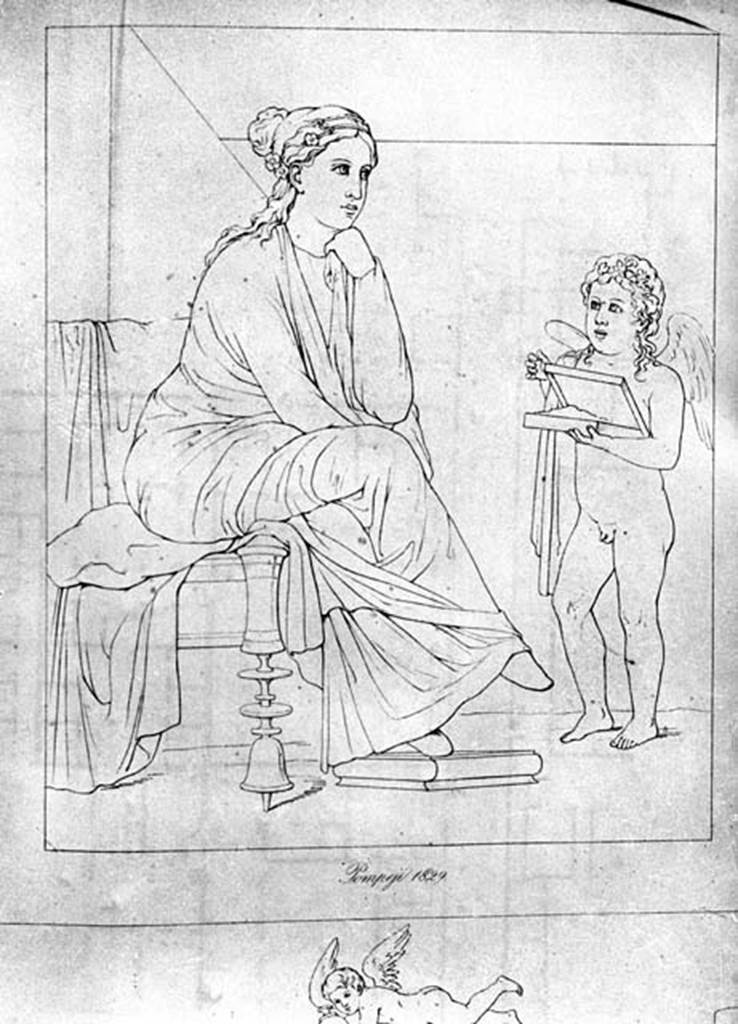 231867 Bestand-D-DAI-ROM-W.133be.jpg
VI.9.2 Pompeii. W.133. 1829 drawing of wall painting of Cupid revealing the contents of a gilded box to a seated woman, found in room 13. See Helbig, W., 1868. Wandgemälde der vom Vesuv verschütteten Städte Campaniens. Leipzig: Breitkopf und Härtel. (1430)
According to Bragantini, this painting was found on the west wall, and thought to show Sappho on her throne and a cupid. See Bragantini, de Vos, Badoni, 1983. Pitture e Pavimenti di Pompei, Parte 2. Rome: ICCD. (p.186)
Photo by Tatiana Warscher. With kind permission of DAI Rome, whose copyright it remains.
See http://arachne.uni-koeln.de/item/marbilderbestand/231867