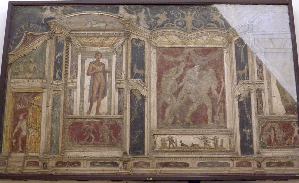 VI.9.2 Pompeii. Found 30th October 1829 in room 8, tablinum from the top of north wall. Stucco relief decoration.
Now in Naples Archaeological Museum. Inventory number 9596.