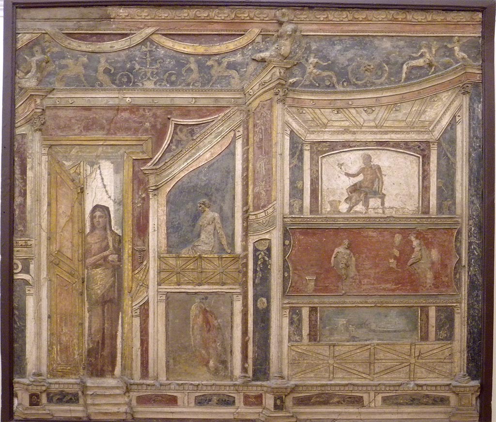 VI.9.2 Pompeii. Found 30th October 1829 in room 8, tablinum from top of east wall. Stucco relief decoration.
Now in Naples Archaeological Museum. Inventory number 9595.