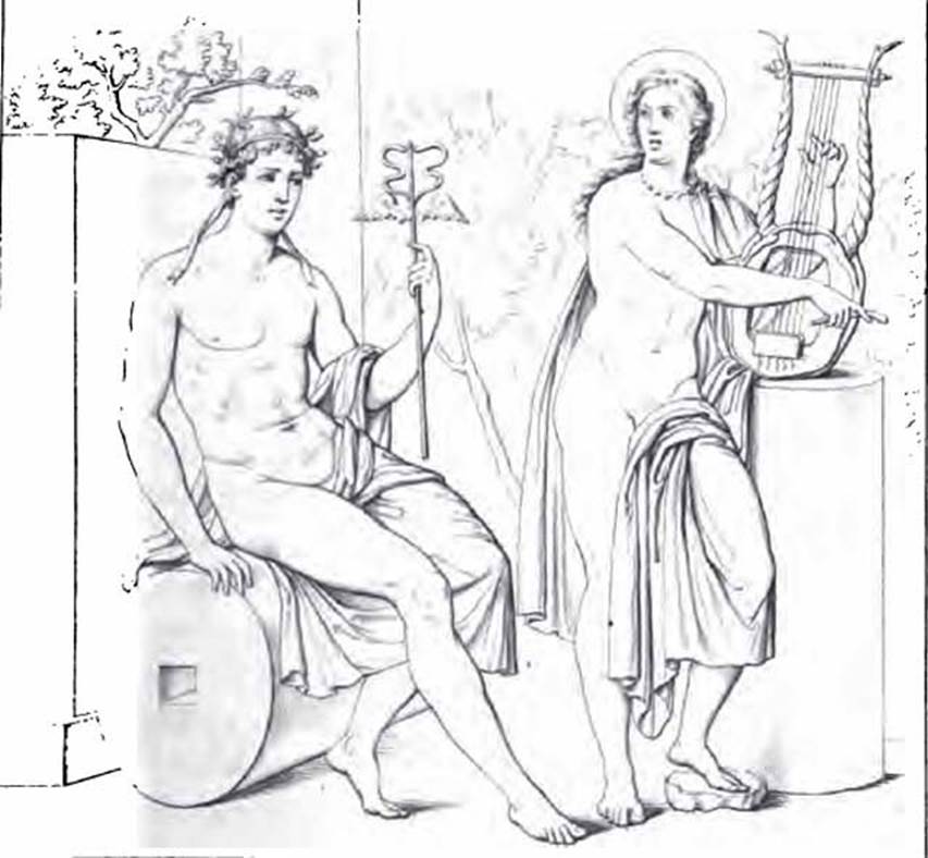 VI.9.2 Pompeii. 1834 drawing of Apollo and Mercury painting, room 29, centre of south wall.
See Real Museo Borbonico, X, 1834, Tav. XXXVII.
See Bragantini, de Vos, Badoni, 1983. Pitture e Pavimenti di Pompei, Parte 2. Rome: ICCD. P. 199.
See Schefold, K., 1957. Die Wände Pompejis. Berlin: De Gruyter. p.110.
See Helbig, W., 1868. Wandgemälde der vom Vesuv verschütteten Städte Campaniens. Leipzig: Breitkopf und Härtel. (201).