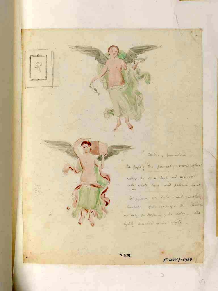 VI.9.2 Pompeii. c.1840. Room 29, south wall. (?) Painting by James William Wild showing Cupids/Amorini.
At the top, on the left, he drew a small panel to show where these could be found.
On the right, he wrote –
“Centre of panels – the fields of the panel orange yellow within “a to a”, a dark red margin with white line and pattern in it.
The figures very light and gracefully touched – of the drapery - the shades are only a deepening of the colour. The lights touched in white.”
The Warscher photo, above, shows the dark edged square panels above the zoccolo/dado, where we think these may have been found.
The Jashemski photo, above, (J68f0997) shows how faded the panels were in 1968.
Reading PPP, and PPM, we are not sure whether there would have been two panels on both the north and south wall, or just these two on the south wall.
If anyone knows anything different, we would be pleased to hear from them.
Photo © Victoria and Albert Museum, inventory number E.4007-1938.