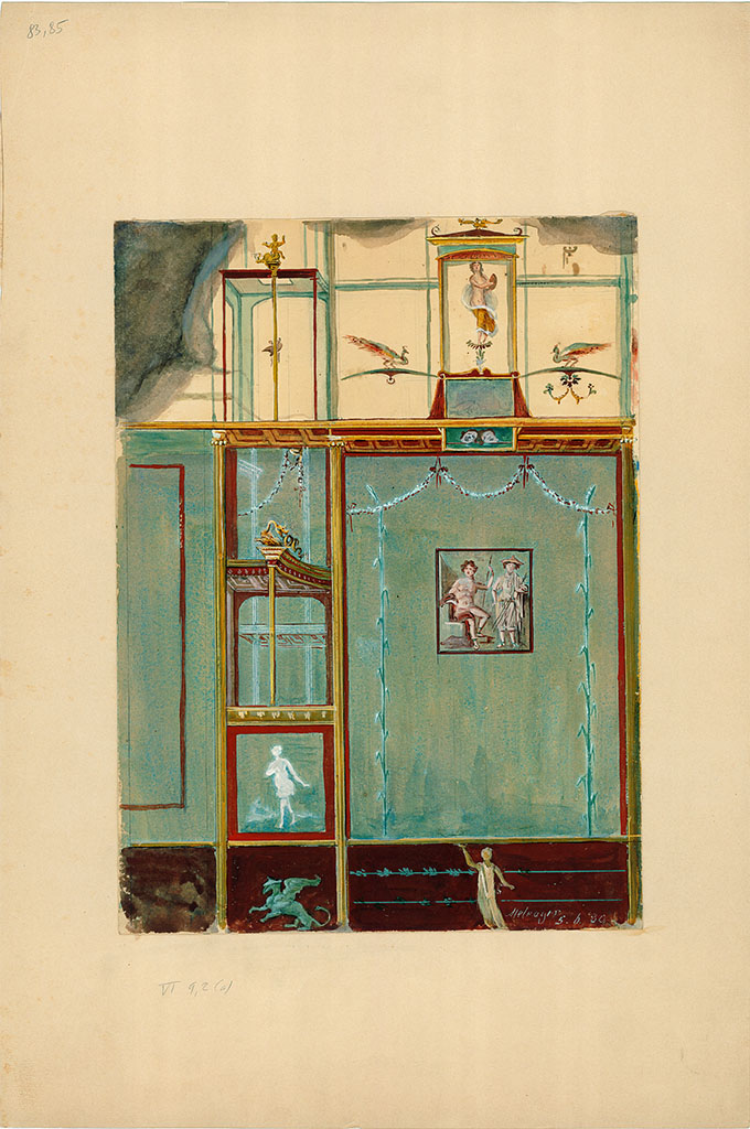 VI.9.2 Pompeii. June 1889.
Room 29, east side of central painting on south wall showing painted wall decoration.
DAIR 83.85. Photo © Deutsches Archäologisches Institut, Abteilung Rom, Arkiv.