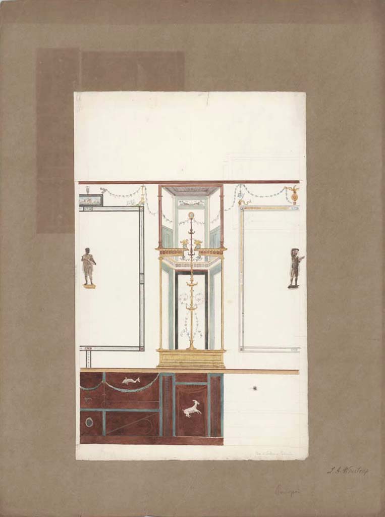 VI.9.6 Pompeii. 1849. Room 16, painting by Laurits Albert Winstrup, without a clear indication from which wall.
Photo © Danmarks Kunstbibliotek, inventory number ark_6190b.