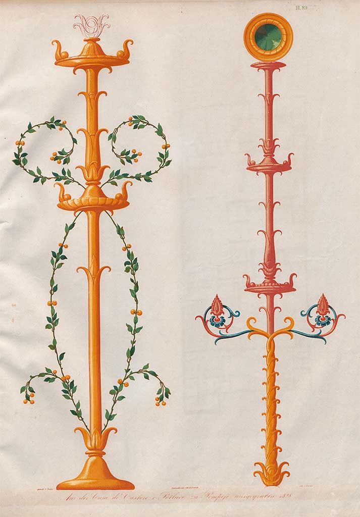 VI.9.6 Pompeii. 1828. Room 16. Painting by Zahn of a Candelabra on a white background.
The base of the candelabra is on the left, the top, which would have been above, is on the right
According to Zahn this was found in the middle of the large wall in the small chamber of the “Porter”.
This room was situated immediately to the left of the entrance to the house.
See Zahn, W., 1842-44. Die schönsten Ornamente und merkwürdigsten Gemälde aus Pompeji, Herkulanum und Stabiae: II. Berlin: Reimer, taf. 89.