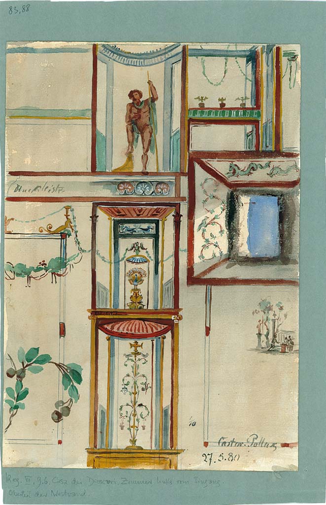 VI.9.6 Pompeii. 27th May 1880. Room 16, watercolour copy of painted decorations from west wall.
DAIR 83.88. Photo © Deutsches Archäologisches Institut, Abteilung Rom, Arkiv.