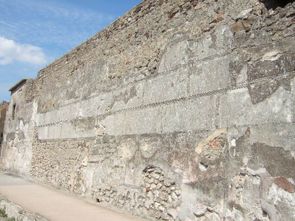 VI.9.6 Pompeii. September 2005. Wall between VI.9.6 and VI.9.7 on Via di Mercurio.
Many writings were found on these walls, for example on 30th September 1828 -
A(ulum)  Vettium  Firmum
aed(ilem)  v(irum)  b(onum)  o(ro)  v(os) f(aciatis)  Felix  cupit      [CIL IV 174]


