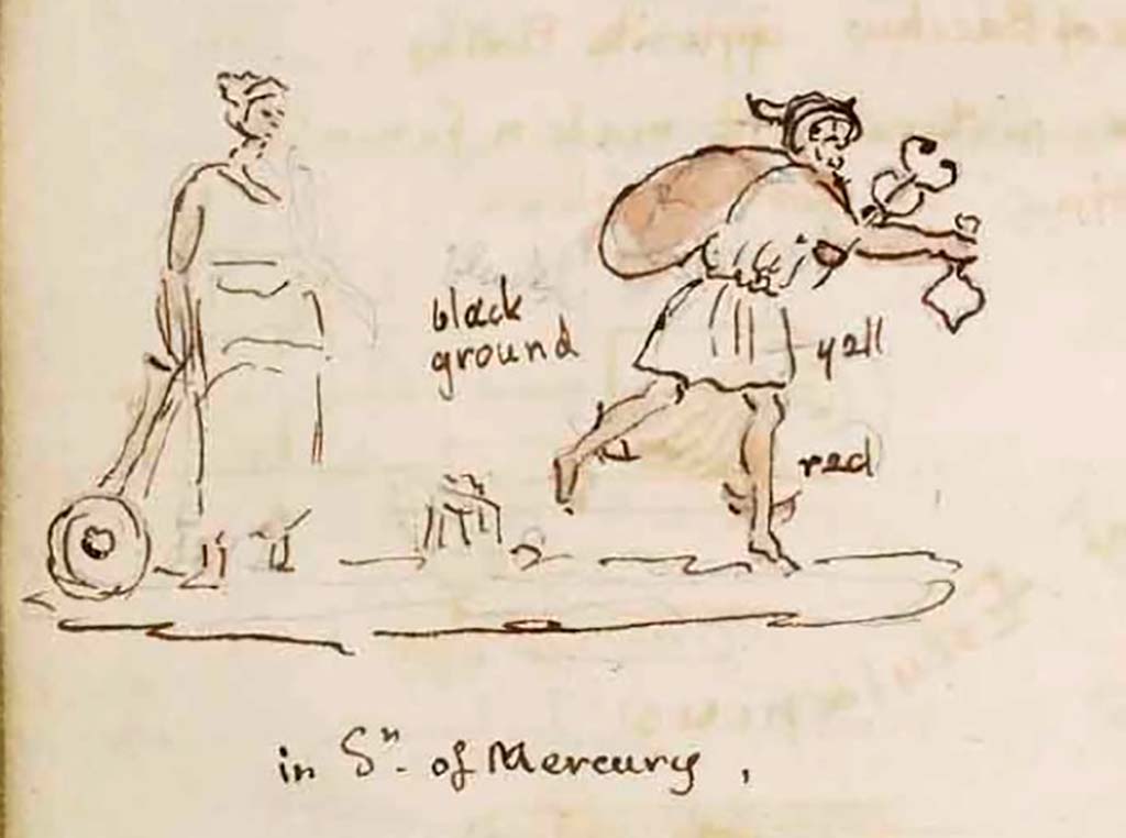 VI.9.6 Pompeii. c.1830. Drawing by Gell of Fortuna and Mercury.
See Gell, W. Sketchbook of Pompeii, c.1830.
See book from Van Der Poel Campanian Collection on Getty website http://hdl.handle.net/10020/2002m16b425