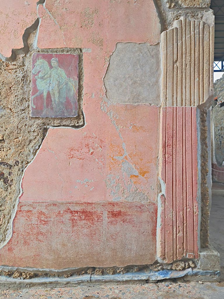 VI.9.6 Pompeii. November 2023.
Room 1, north wall of entrance corridor/fauces with copy of original painting, now in Naples Museum, inv. no. 9455.
Photo courtesy of Giuseppe Ciaramella.