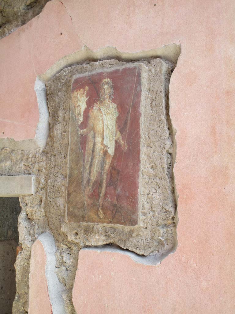 VI.9.6 Pompeii. April 2019.
Room 1, south wall of entrance fauces/corridor with copy of original painting, now in Naples Museum.
Photo courtesy of Rick Bauer.