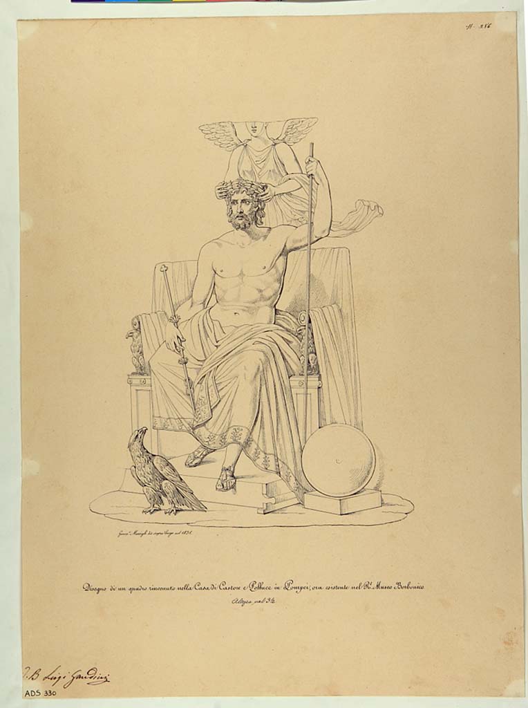 VI.9.6 Pompeii. Drawing by Giuseppe Marsigli, 1831, of Zeus on his throne from upper wall in atrium.
Now in Naples Archaeological Museum. Inventory number ADS 330.
Photo © ICCD. http://www.catalogo.beniculturali.it
Utilizzabili alle condizioni della licenza Attribuzione - Non commerciale - Condividi allo stesso modo 2.5 Italia (CC BY-NC-SA 2.5 IT)