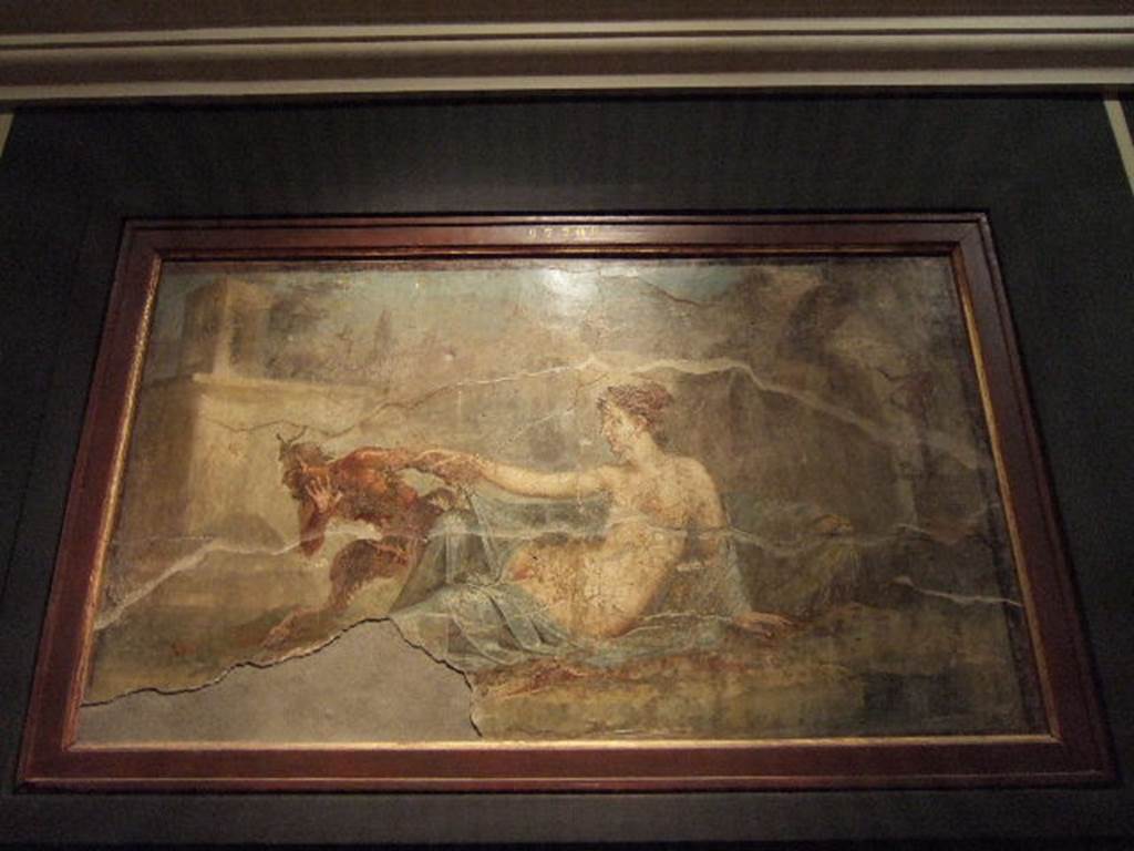 VI.9.6 Pompeii. Found on 1st July 1828. Pan and Hermaphrodite. Found over the entrance to the big peristyle, on the south wall. See Helbig, W., 1868. Wandgemälde der vom Vesuv verschütteten Städte Campaniens. Leipzig: Breitkopf und Härtel. (1370: p.304, p.469). Now in Naples Archaeological Museum. Inventory number 27700.