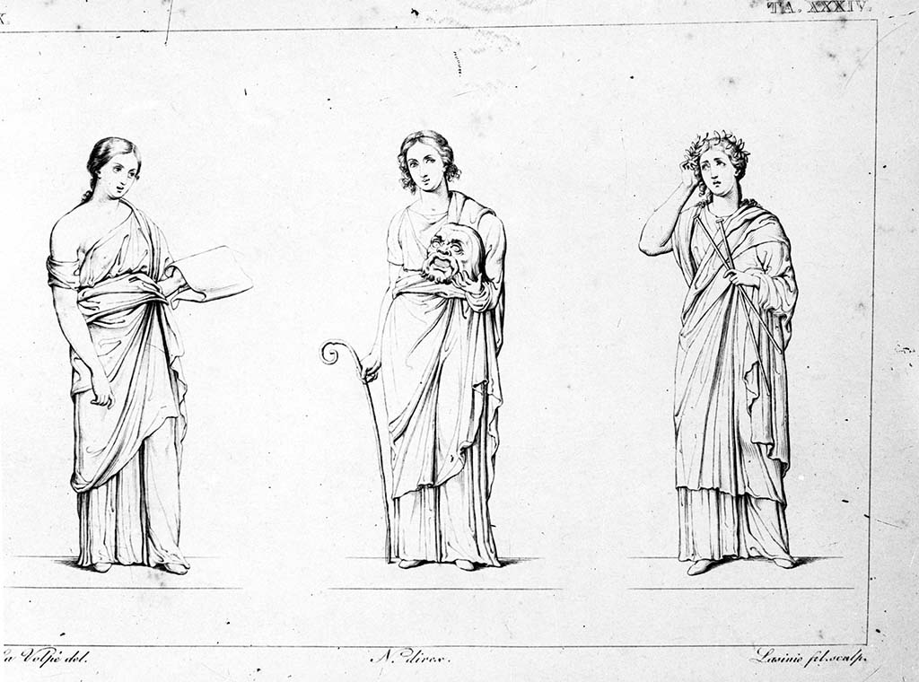 VI.9.6 Pompeii. 1833 drawing by Nicola La Volpe of three Muses seen in the architecture on north and south wall of tablinum.
Photo by Tatiana Warscher. W.201. Photo © Deutsches Archäologisches Institut, Abteilung Rom, Arkiv.
According to Giovambatista Finati in RMB,
Thalia is shown in the middle with a mask in her left hand, and the pedum in her right.
On one side is Clio holding an unrolled papyrus with her left hand.
On the other side is Euterpe clasping two tibiae in her left hand and holding her right hand to her head crowned with leaves.
See Real Museo Borbonico Vol. IX, 1833, Tav. XXXIV.
According to PPM – on the north wall were Calliope with scroll (see Helbig.861) and Thalia with pedum and mask (Helbig 879).
On the south wall was Euterpe with double flute (see Helbig 864).
See Carratelli, G. P., 1990-2003. Pompei: Pitture e Mosaici. IV. Roma: Istituto della enciclopedia italiana, p. 912.