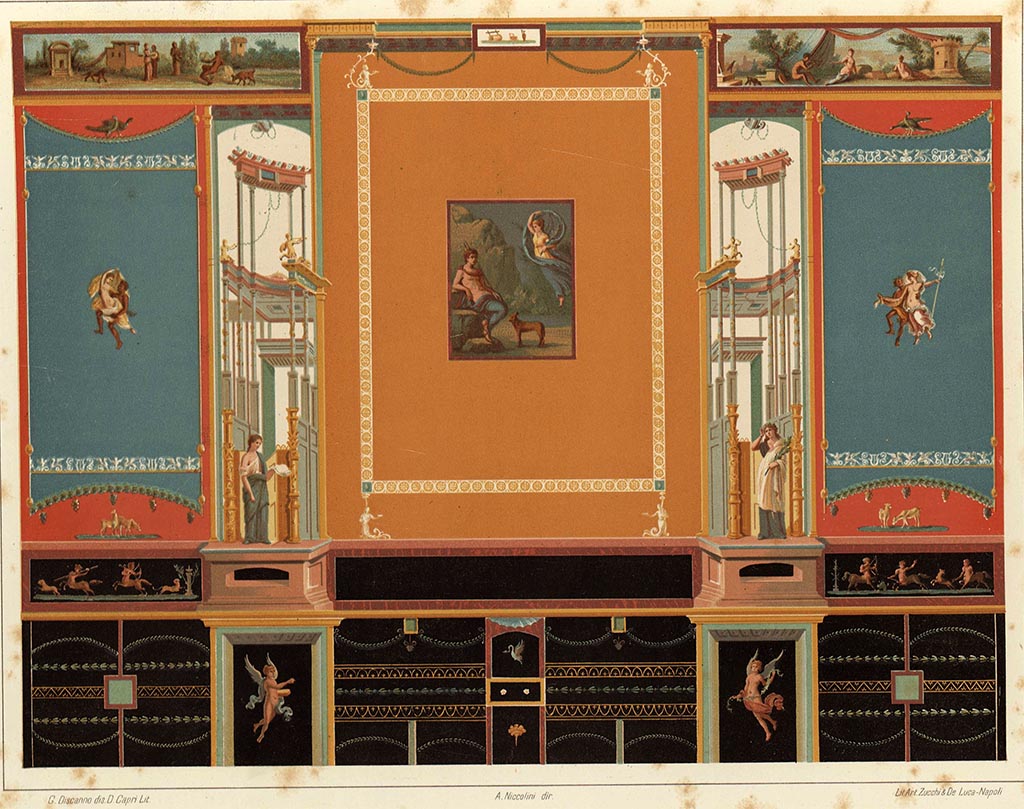 VI.9.6 Pompeii. Room 9, painting by Discanno of detail of south wall of tablinum published by Niccolini.
The painting in the central panel shows Selene and Endymion, also now in Naples Museum (inv. no. 9240) (Helbig 960) which would have been seen in our room 14.
According to Niccolini –
“La Parete che qui pubblichiamo era anche una di quelle completamente distrutte. La copia che ne facemmo eseguire appena comparve alla luce, ci permette di riprodurla in tutta la sua freschezza e con tutta la forza delle sue tinte. Il quadro di mezzo rappresenta una scena del mito di Selene ed Endimione, soggetto che ci troviamo di avere già illustrato alla Tav. VI. In ciascuna delle riquadrature laterali vedesi il graziosi gruppo di un satiro, che rapisce una baccante.”
(Il riferimento di Nicolini a Tab, VI si riferisce a quattro disegni di dipinti di cui due rappresentano Selene ed Endimione).
(The wall that we publish here was also one of those that was completely destroyed. The copy we made as soon as it appeared in the light, allow us to reproduce it in all its freshness and with all the strength of its hues. The middle painting depicts a scene from Selene and Endymion, a subject that we have already illustrated in Tav. VI. In each of the side panels is seen the graceful group of a satyr, kidnapping a bacchante.)
(Niccolini’s reference to Tav, VI refers to four drawings of paintings of which two are of Selene and Endymion).
See Niccolini, F. Le Case ed i Monumenti di Pompei. 1890. Book 3, L’Arte in Pompei, (Tav. XVIII and Tav. VI).