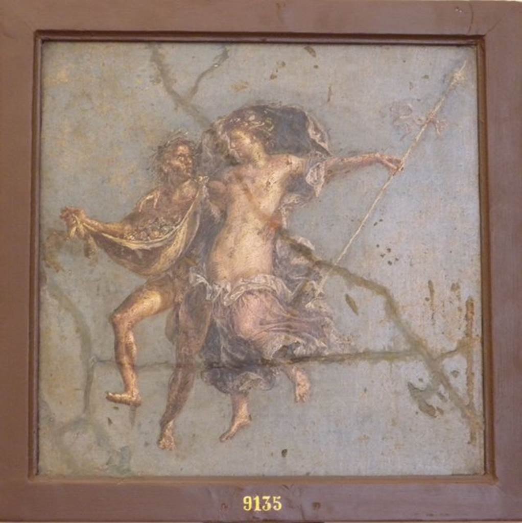 VI.9.6 Pompeii. Found on 18th June 1828 in room 9, at the west end of the south wall of the tablinum. Wall painting of satyr and maenad in flight. Found on west side of painting of Achilles at Skyros. Now in Naples Archaeological Museum. Inventory number 9135. See Helbig, W., 1868. Wandgemälde der vom Vesuv verschütteten Städte Campaniens. Leipzig: Breitkopf und Härtel. (515, 522, 523, 529).