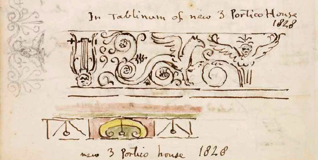 VI.9.6 Pompeii. 1828. Room 9, tablinum, drawing by Gell of detail of decoration. He originally called this house, the 3 Portico House.
See Gell, W. Sketchbook of Pompeii, c.1830.
See book from Van Der Poel Campanian Collection on Getty website http://hdl.handle.net/10020/2002m16b425