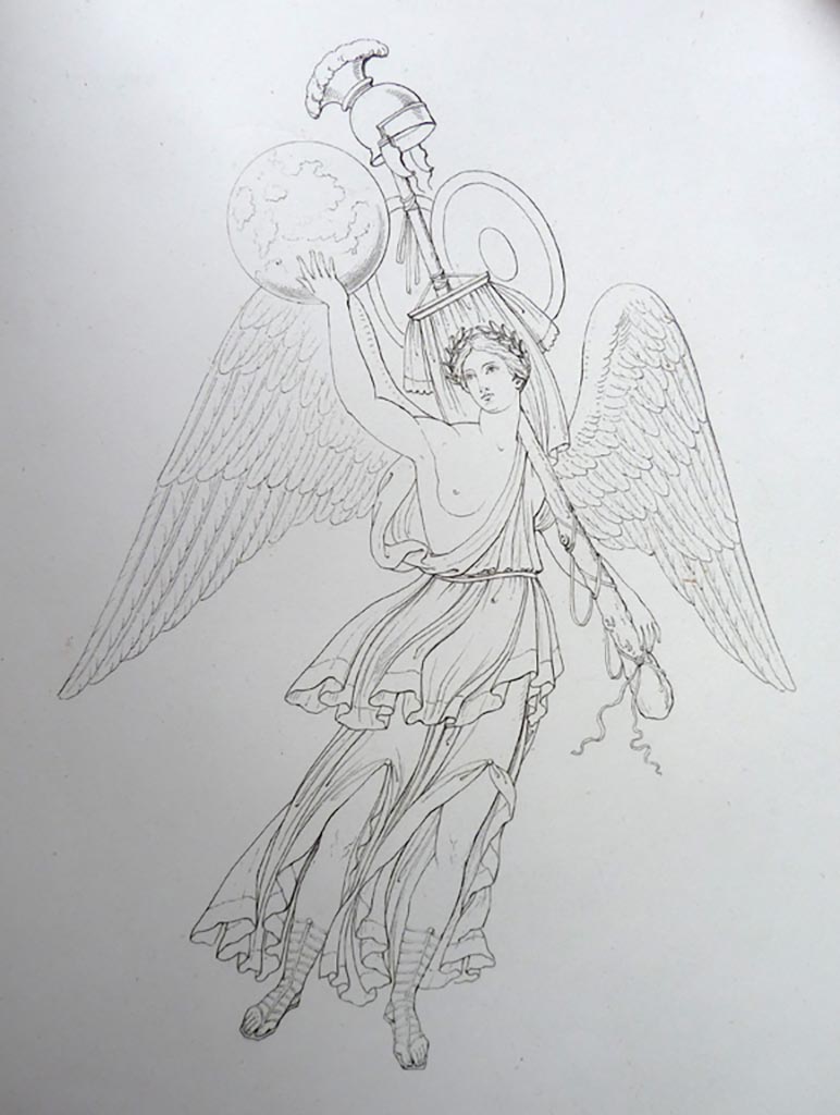 VI.9.6 Pompeii. Pre 1836.
Room 9, drawing/engraving by Gell of floating figure – Victory/Nike from upper centre of south wall of tablinum.
Gell wrote –
“A figure of Victory differing so materially from everything of the kind as to be worthy of preservation.”
See Gell, W and Gandy, J., 1880. Pompeii, its destruction and re-discovery. New York: Worthington.