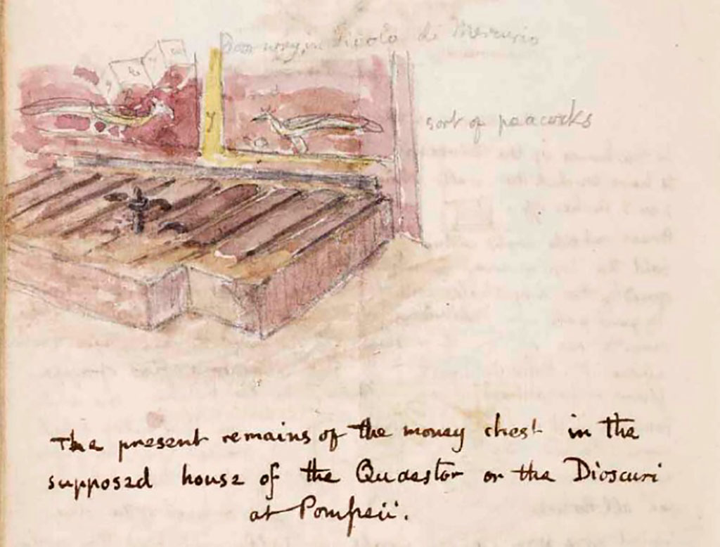 VI.9.6 Pompeii. c.1830. Drawing by Gell of the remains of the money chest on the east side of the atrium.
According to Gell –
“Bones of chests brick crusted in the marble, inside brass, outside iron, handles, locks, rosettes, nails, etc of bronze.
In first chest 45 gold and 5 silver coins, ancients had excavated in room behind and made a hole through the wall and got most of the money !!”
See Gell, W. Sketchbook of Pompeii, c.1830.
See book from Van Der Poel Campanian Collection on Getty website http://hdl.handle.net/10020/2002m16b425
This was a masonry base faced with marble, see PAH II, p.214.
Found in the chest were 45 gold coins, and 5 silver, see PAH III, p.89.
The chest had been partly rummaged through by the ancient scavengers.