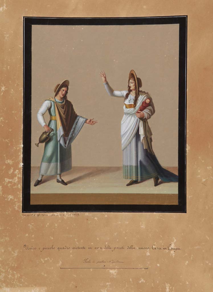 VI.9.6 Pompeii. Painting by Giuseppe Marsigli, 1829, showing the Tragedy scene.
Now in Naples Archaeological Museum. Inventory number ADS 351.
Photo © ICCD. http://www.catalogo.beniculturali.it
Utilizzabili alle condizioni della licenza Attribuzione - Non commerciale - Condividi allo stesso modo 2.5 Italia (CC BY-NC-SA 2.5 IT)