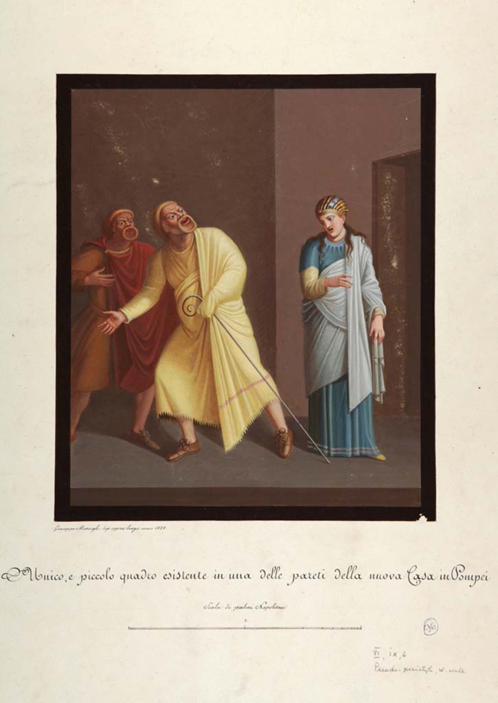 VI.9.6 Pompeii. Painting by Giuseppe Marsigli, 1828, of comedy scene from west wall of the garden.
Now in Naples Archaeological Museum. Inventory number ADS 352.
Photo © ICCD. http://www.catalogo.beniculturali.it
Utilizzabili alle condizioni della licenza Attribuzione - Non commerciale - Condividi allo stesso modo 2.5 Italia (CC BY-NC-SA 2.5 IT)
The original painting was cut from the wall and is now preserved in the Akademisches Kunstmuseum in Bonn.