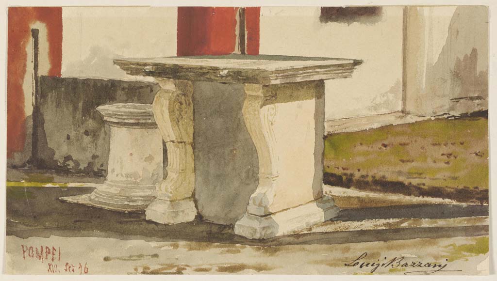 VI.9.6 Pompeii. 16th September 1876.
Watercolour by Luigi Bazzani, looking towards north-east corner of pseudo-peristyle, with puteal and table.
Photo © Victoria and Albert Museum. Inventory number 2047-1900.