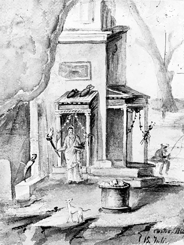 VI.9.6 Pompeii. W.202. Room 17, copy of wall painting of sacred landscape from south wall.
Photo by Tatiana Warscher. Photo © Deutsches Archäologisches Institut, Abteilung Rom, Arkiv.