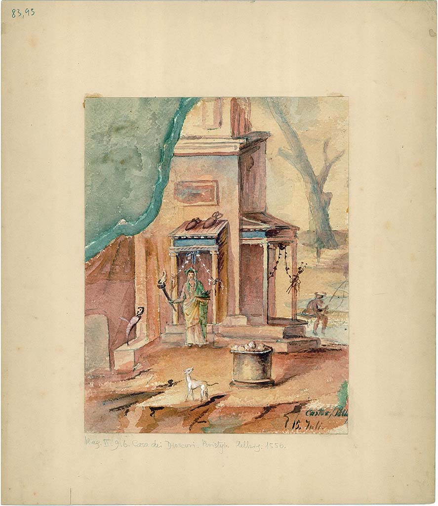 VI.9.6 Pompeii. Room 17, watercolour copy of wall painting of sacred landscape from south wall.
DAIR 83.93. Photo © Deutsches Archäologisches Institut, Abteilung Rom, Arkiv.
See Helbig, W., 1868. Wandgemälde der vom Vesuv verschütteten Städte Campaniens. Leipzig: Breitkopf und Härtel, 1556