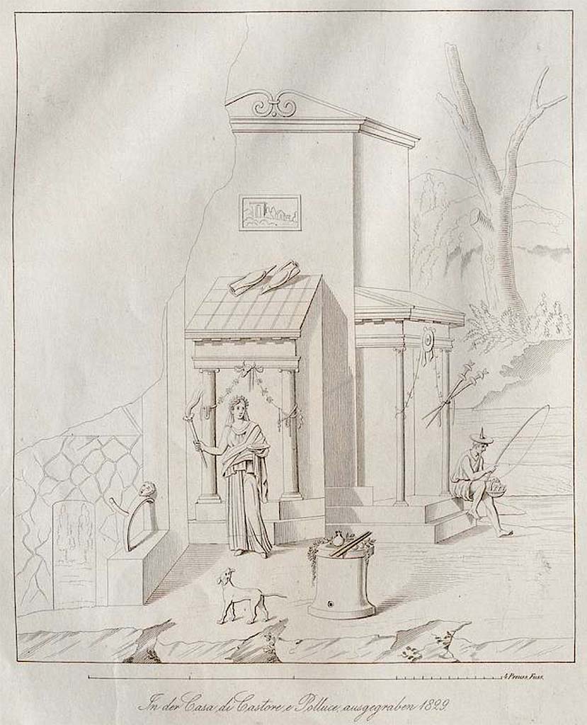 VI.9.6 Pompeii. Pre-October 1852.
Room 17, south wall, drawing by Zahn showing a Priestess in front of a temple with a fisherman, on right.
See Zahn, W., 1852. Die schönsten Ornamente und merkwürdigsten Gemälde aus Pompeji, Herkulanum und Stabiae: III. Berlin: Reimer, (Pl.48).