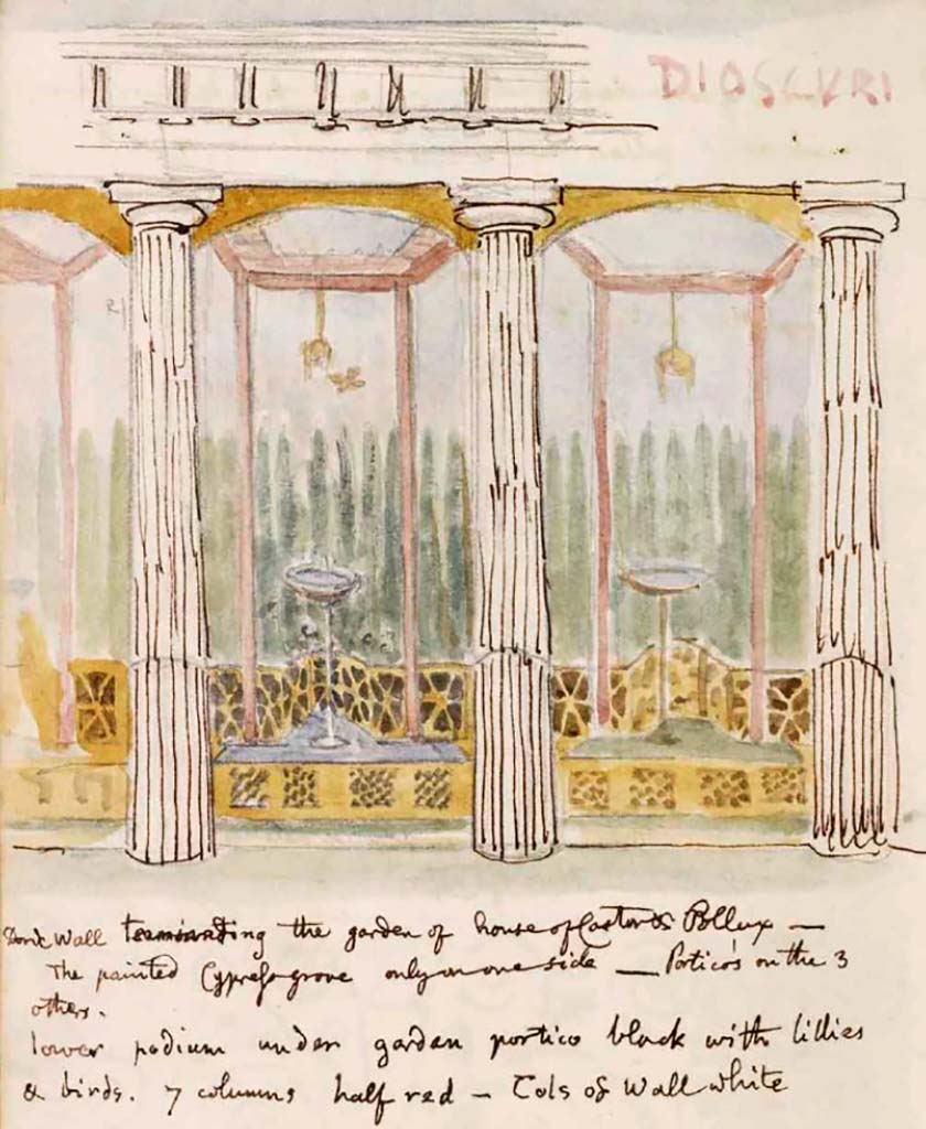 VI.9.6 Pompeii. c.1830. Room 17, east wall of pseudo-peristyle.
Drawing by Gell with description below –
“Doric wall terminating the garden of House of Castor & Pollux.
The painted Cypress grove only on one side, portico’s on the 3 others.
Lower podium under garden portico black with lilies and birds.
7 columns half-red – columns of wall white.”
The he adds –
Portico of court black at bottom lilies and birds. Dioscuri garden much red – pillars half red, upper white. 7 cols.”