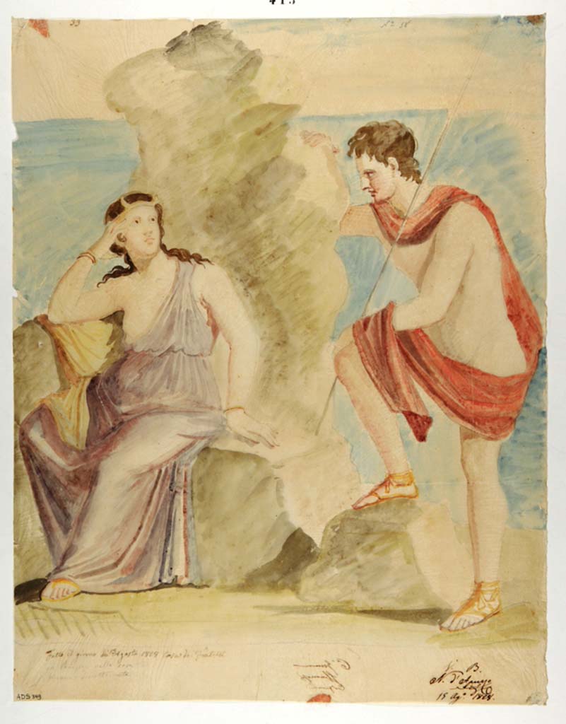 VI.9.6 Pompeii. Painting by Giuseppe Marsigli, 15th August 1828, from wall of pseudo-peristyle/garden, showing Io and Argo.
Paintings in the garden were all left in situ and have now faded and disappeared.
Now in Naples Archaeological Museum. Inventory number ADS 349.
Photo © ICCD. http://www.catalogo.beniculturali.it
Utilizzabili alle condizioni della licenza Attribuzione - Non commerciale - Condividi allo stesso modo 2.5 Italia (CC BY-NC-SA 2.5 IT)