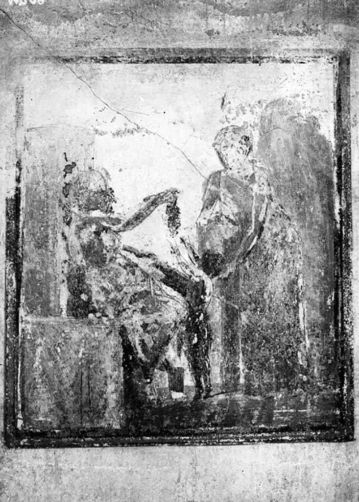 VI.9.6 Pompeii. W.308. Room 21, wall painting from south wall of Silenus and child Bacchus.
Photo by Tatiana Warscher. Photo © Deutsches Archäologisches Institut, Abteilung Rom, Arkiv.