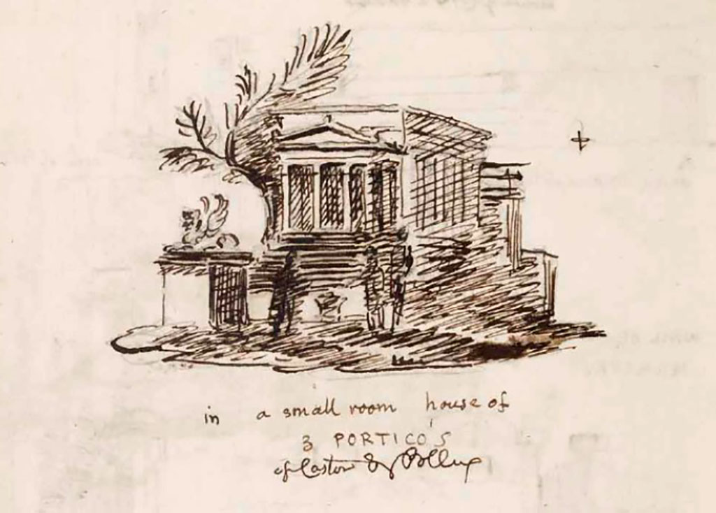 VI.9.6 Pompeii. c.1830. Room 21, drawing by Gell of sacred landscape with temple on podium, possibly from west end of south wall.
See Gell, W. Sketchbook of Pompeii, c.1830.
See book from Van Der Poel Campanian Collection on Getty website http://hdl.handle.net/10020/2002m16b425