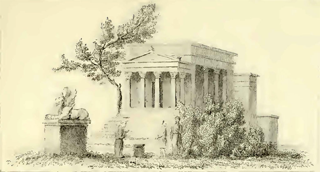 VI.9.6 Pompeii. 1832. Room 21, drawing by Gell of sacred landscape with temple on podium, possibly from west end of south wall.
See Gell, W, 1832. Pompeiana: Vol 2. London: Jennings and Chaplin, p. 120, pl. XLIX.